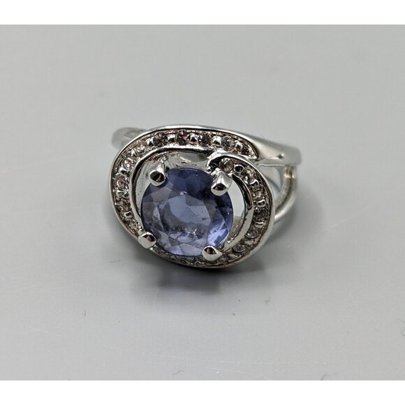 Nolan Miller Statement Ring Faux Blue Sapphire Clear Crystals Size 8 Pave - Picture 1 of 6